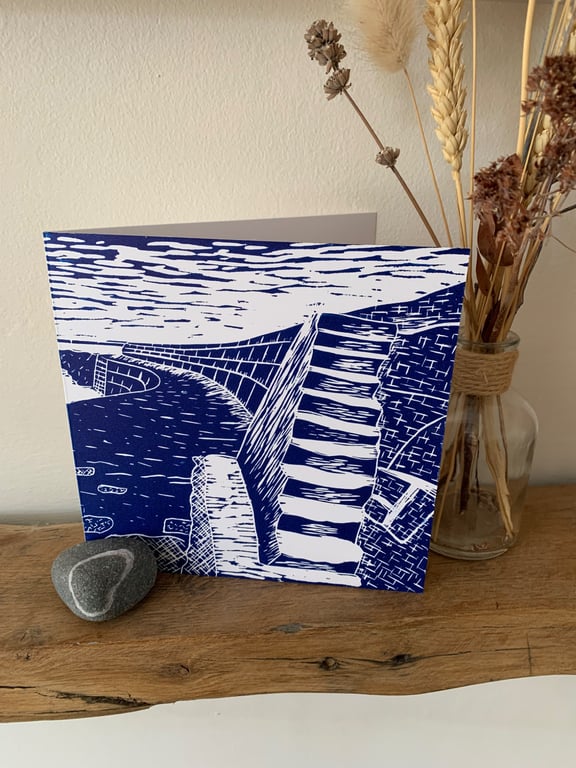 Lyme Regis Cobb original Lino print greetings card