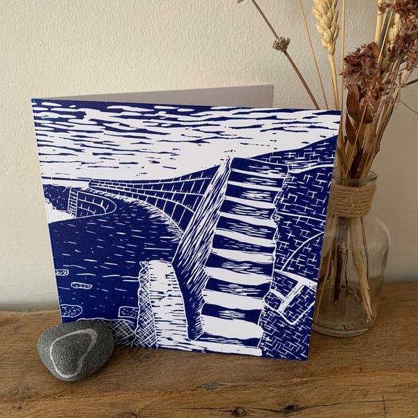 Lyme Regis Cobb original Lino print greetings card