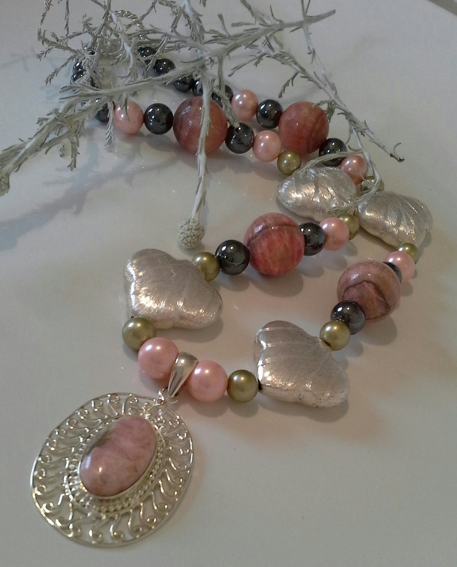 Designer Rare Rhodochrosite,  Pink Arogonite,  Haematite  Necklace 