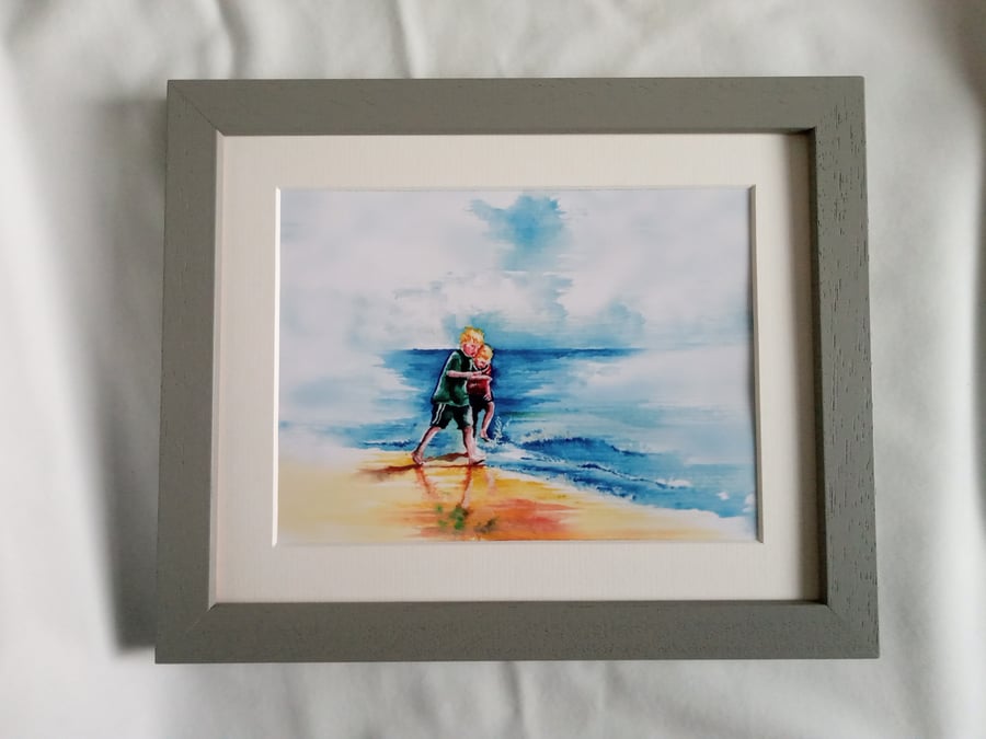 Original watercolour print children playing in the waves of a cornwall beach