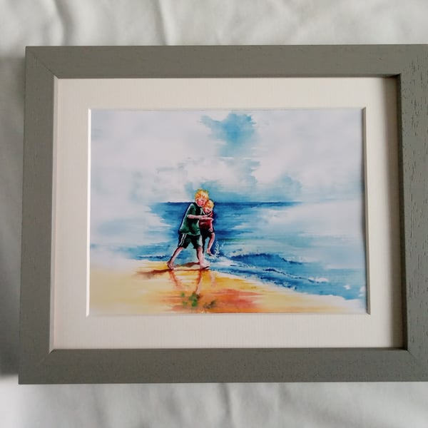 Original watercolour print children playing in the waves of a cornwall beach