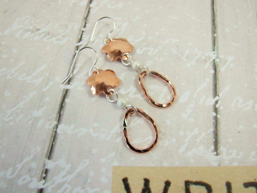 Earrings, Hammered Copper Flowers and Teardrops with Sterling Silver