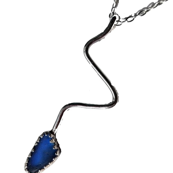 Recycled Sterling Silver Abstract Pendant with Blue Seaglass on Silver Necklace