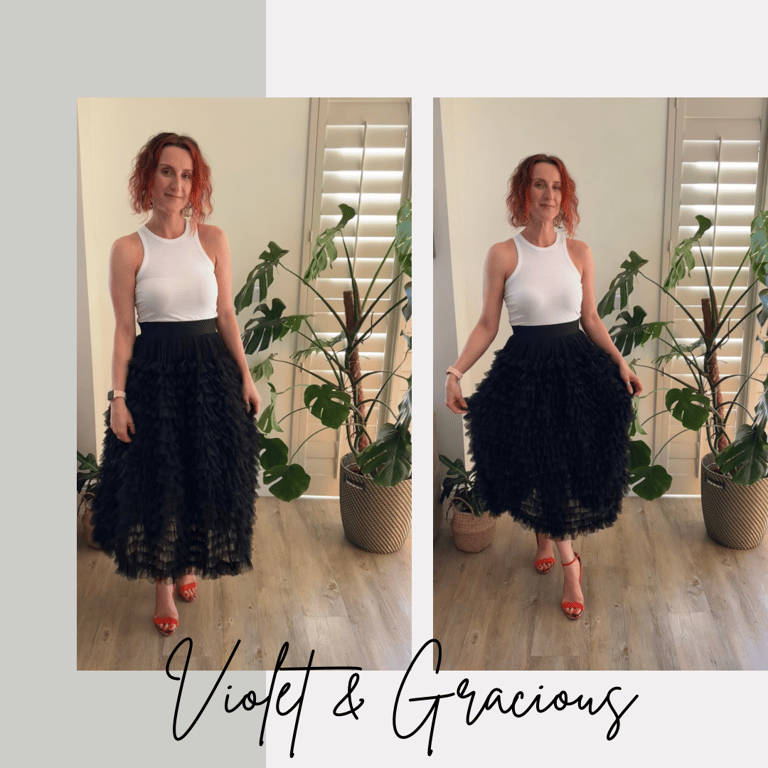 Black Tulle Skirt .  Tulle Skirt .  Ruffle Skirt . Midi Skirt . Size 8-10