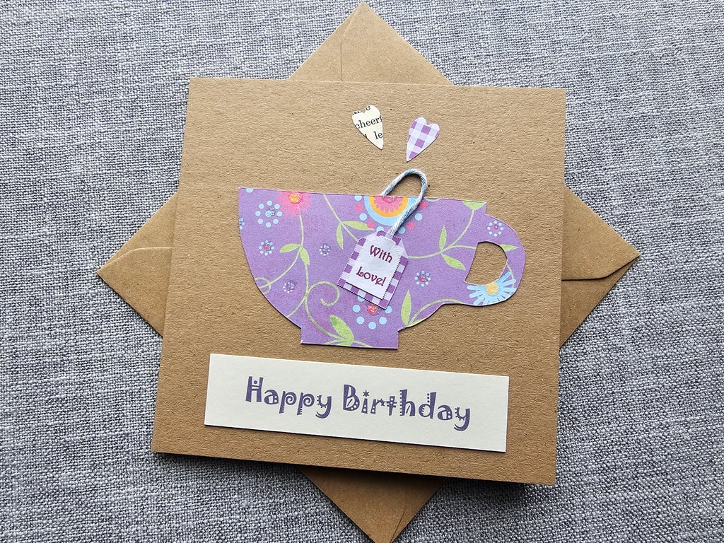 Tea Cup Handmade Birthday Card 5" x 5" 