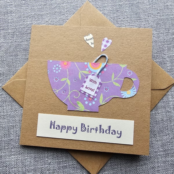 Tea Cup Handmade Birthday Card 5" x 5" 
