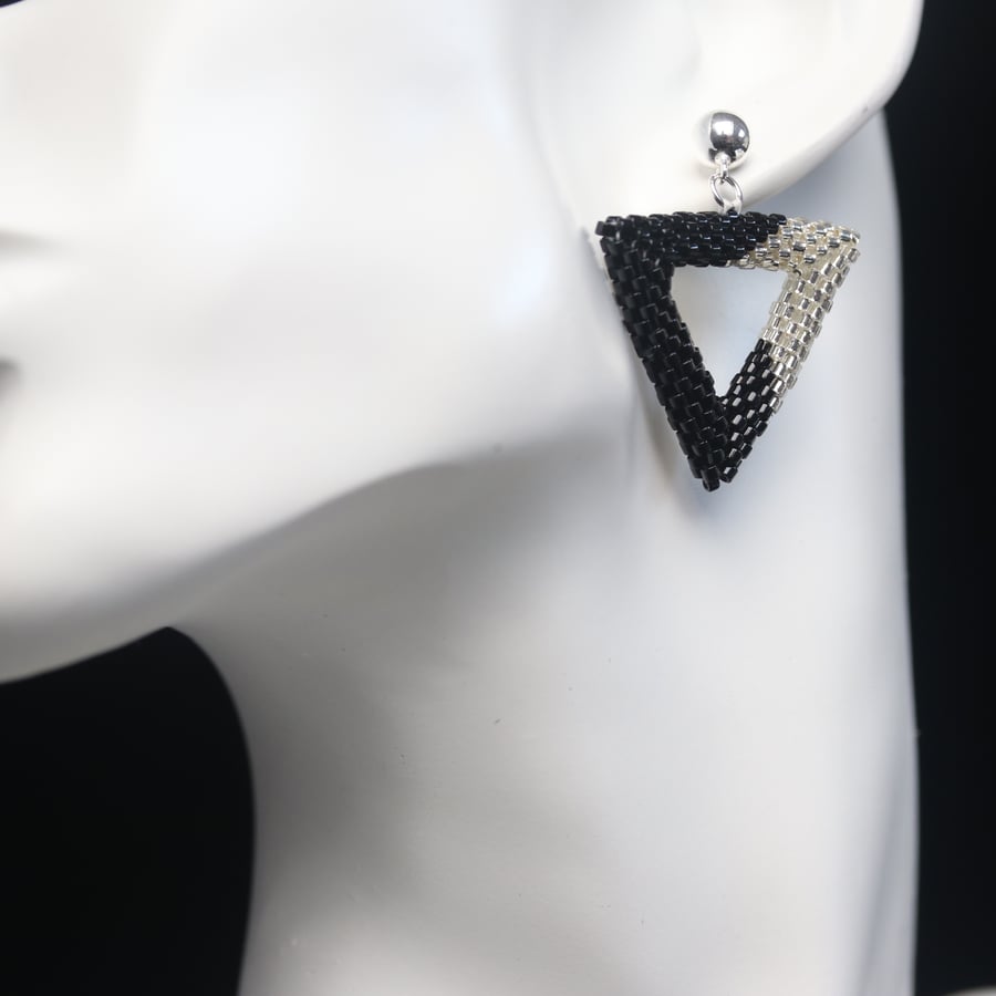 Silver and Black Triangle Beaded Earrings