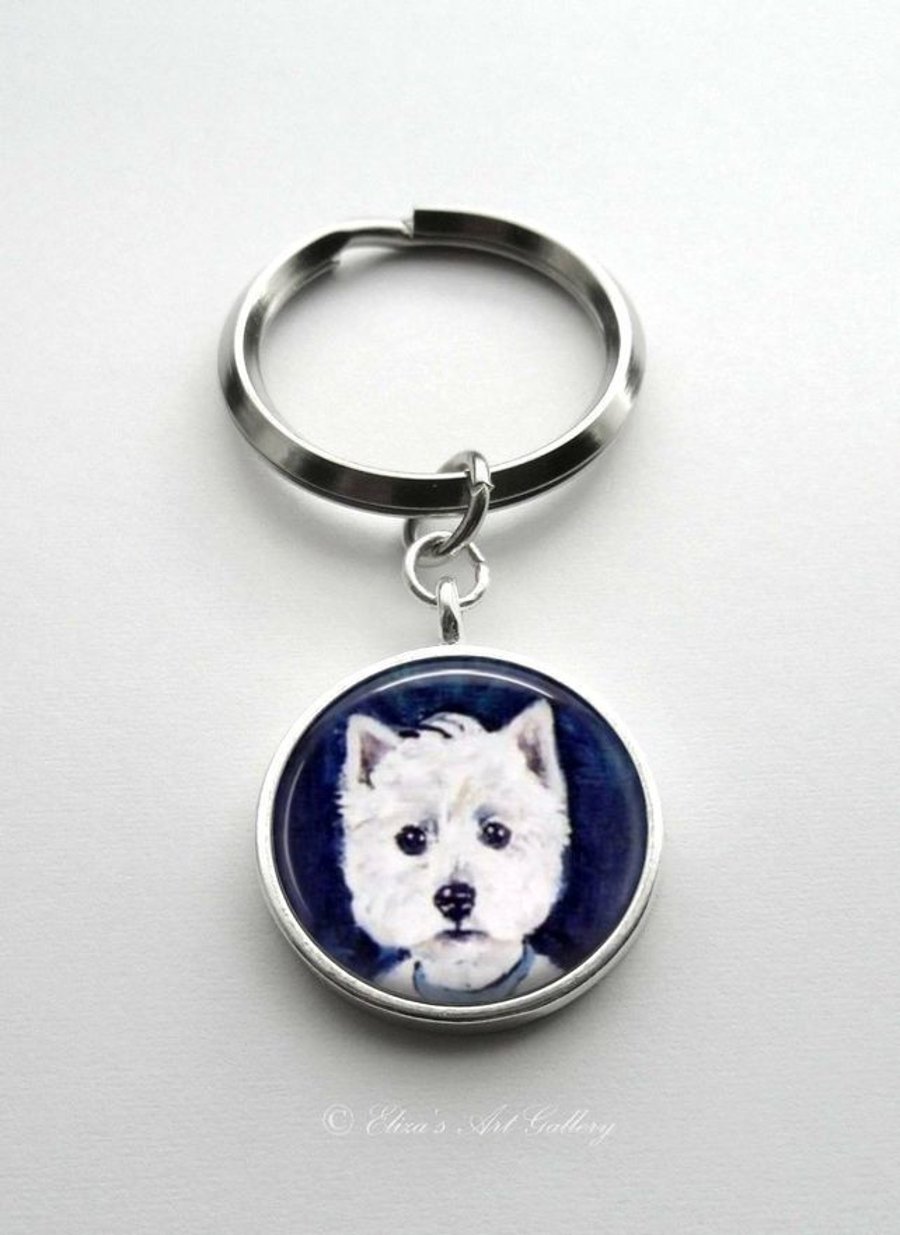 Silver Plated West Highland Terrier Dog Art Cabochon Keyring
