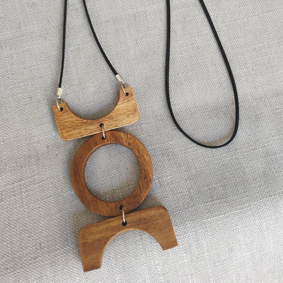 Upcycled Geometric Wood Pendant Triple Tier Reclaimed Wood Necklace wood Jewelry