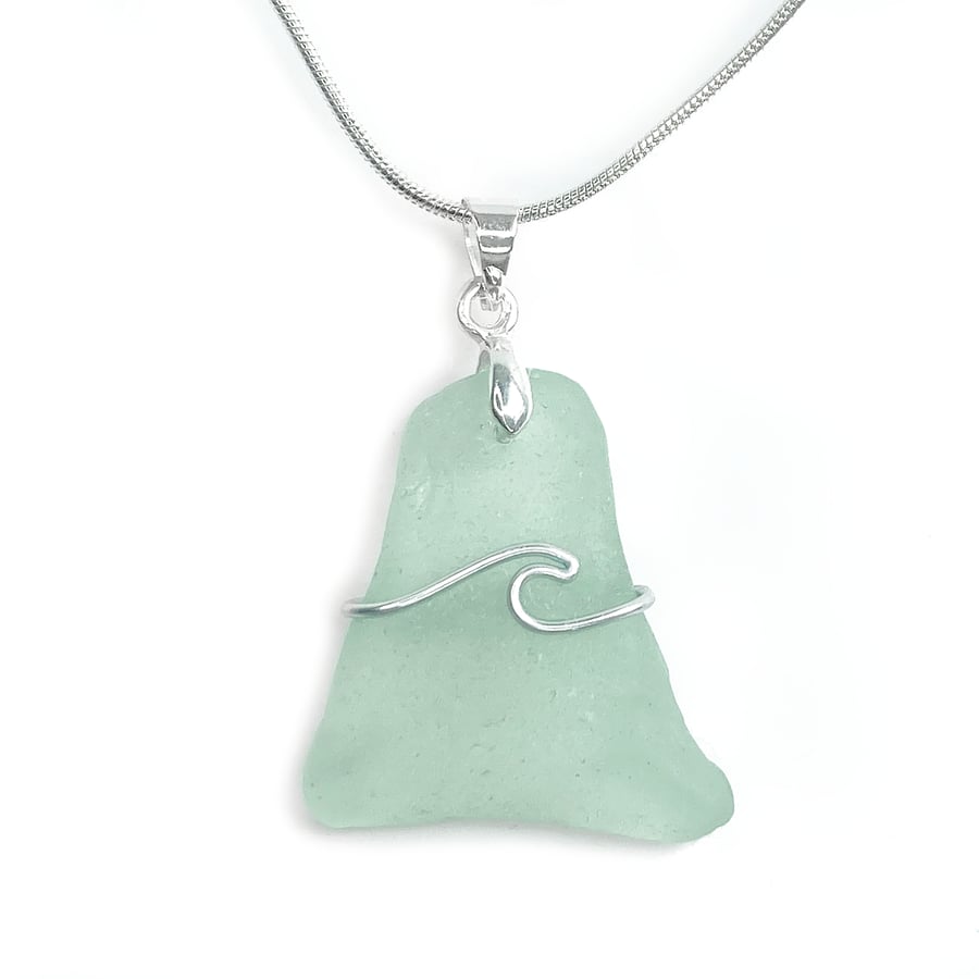 Sea Glass Pendant - Aqua Green Wave Necklace. Silver Wire Wrapped Jewellery 