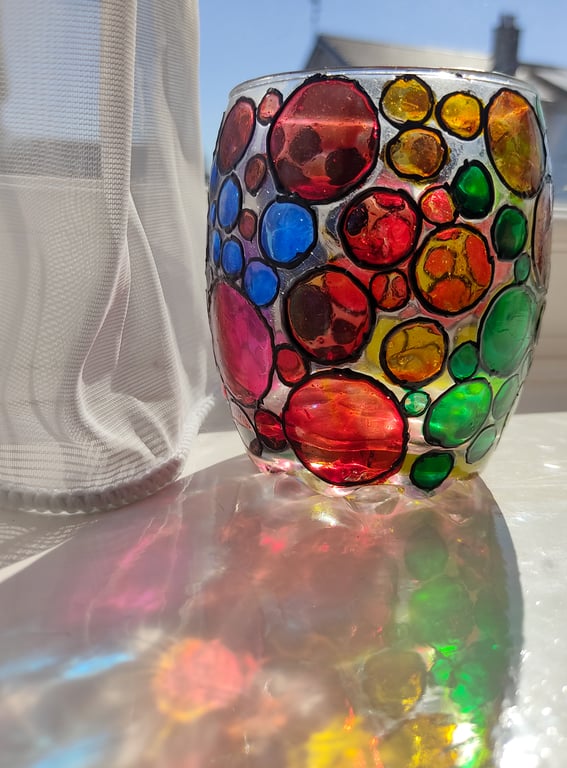 Handmade painted glass candle holder  for tea light with colourful circles