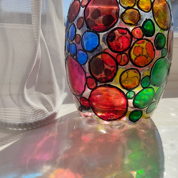 Handmade painted glass candle holder  for tea light with colourful circles