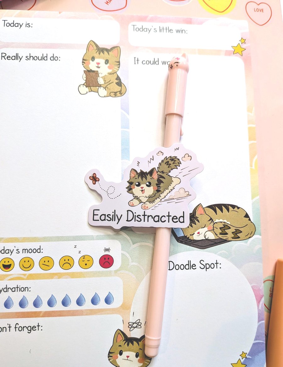 Easily Distracted Cat Sticker, ADHD Neurodivergent Vinyl Decal, Kitten sticker