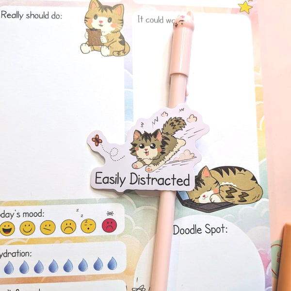 Easily Distracted Cat Sticker, ADHD Neurodivergent Vinyl Decal, Kitten sticker