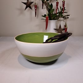 LARGE CERAMIC HAND MADE BOWL - glazed in avocado green and white