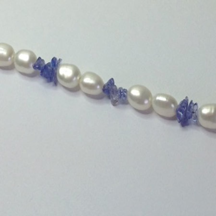 Pearl and Tanzanite chips  classic necklace 