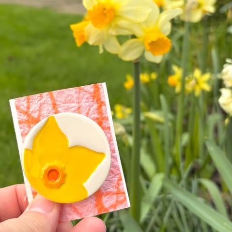 Handmade Ceramic Daffodil brooch, Hand Made Pottery Badge