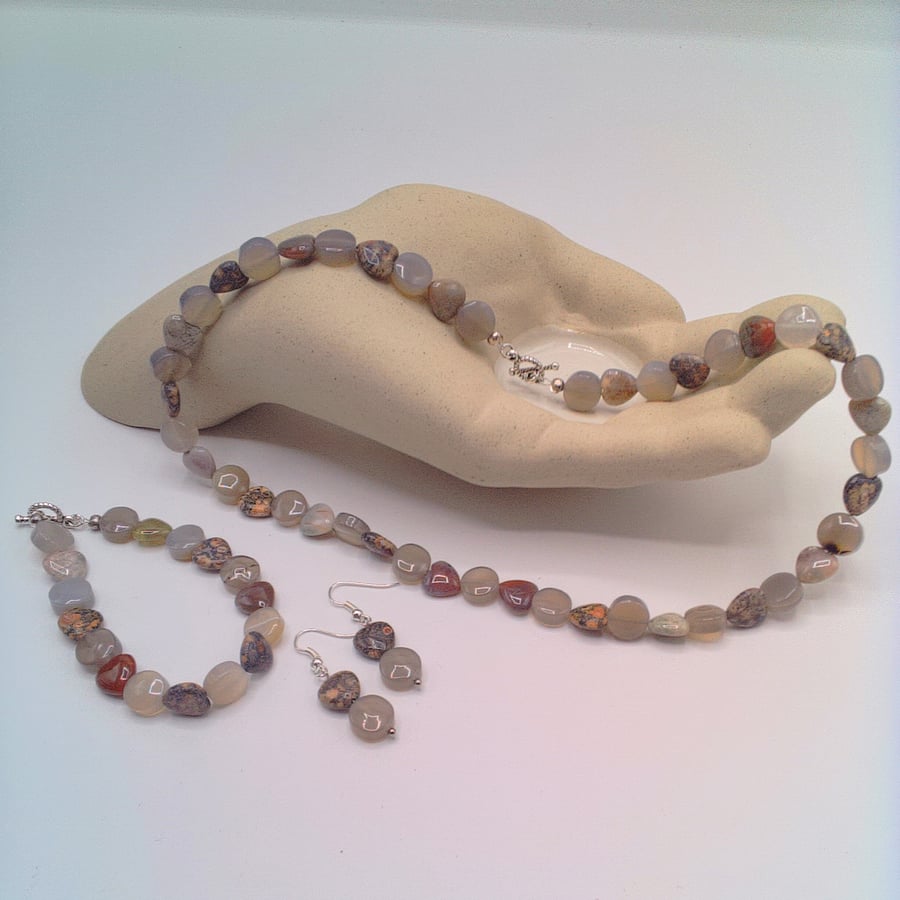 Jasper Heart and Glass Disc Beaded Jewellery Set, Gift for Her, Heart Jewellery