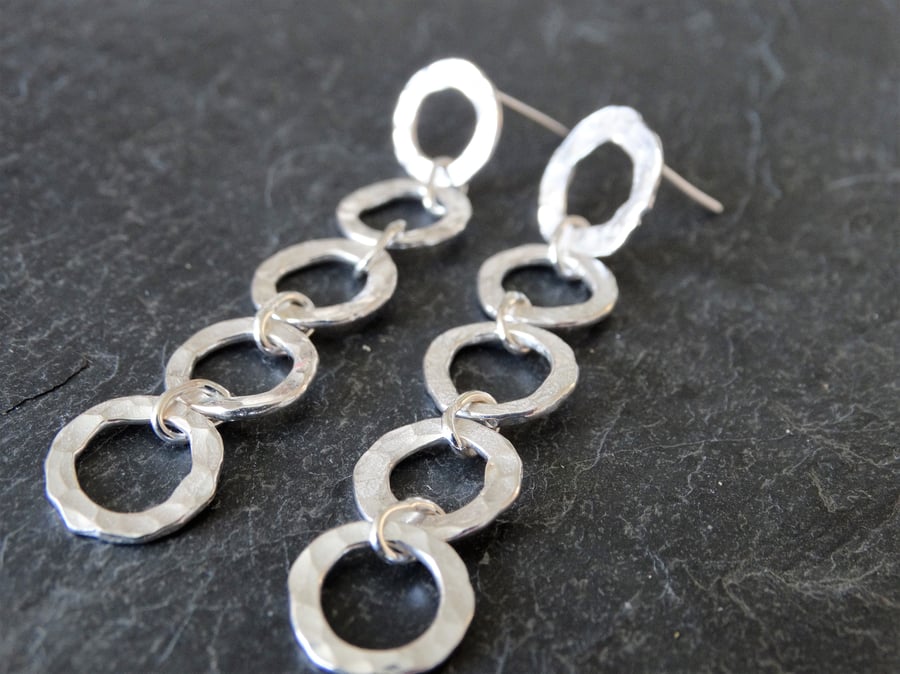 Sterling silver, hammered chain link earrings, hoops, circles, long drop.