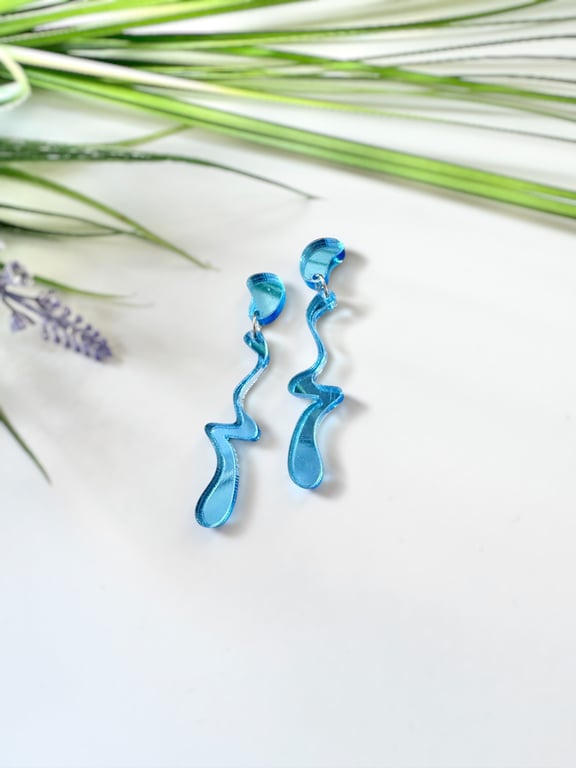 Blue Acrylic Squiggle Anstract Earrings