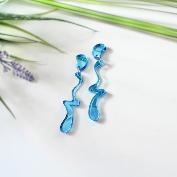 Blue Acrylic Squiggle Anstract Earrings
