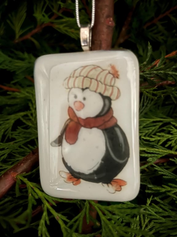 Handcrafted Fused Glass Penguin Christmas Card Ornament 