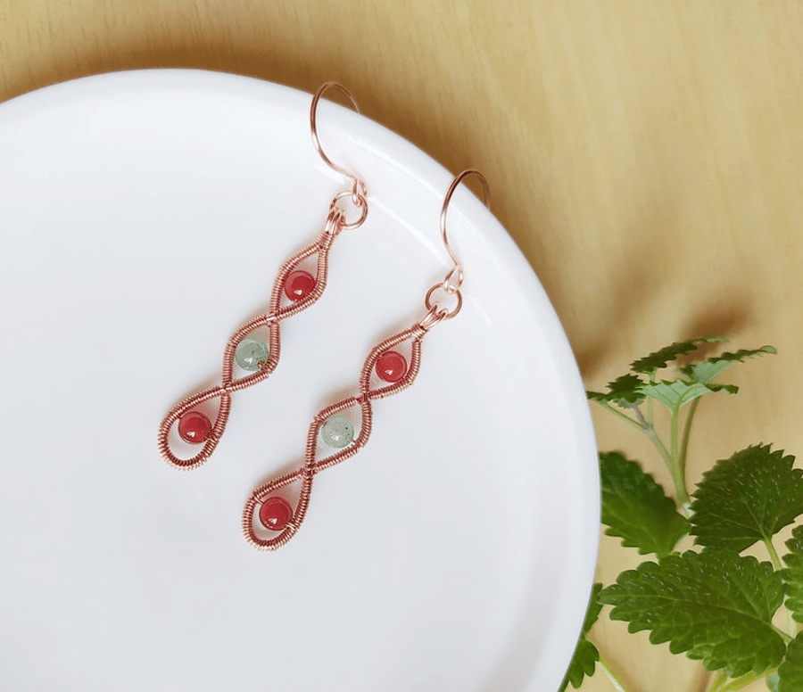 Twisted Wire Wrapped Earrings with Aventurine and Red Agate