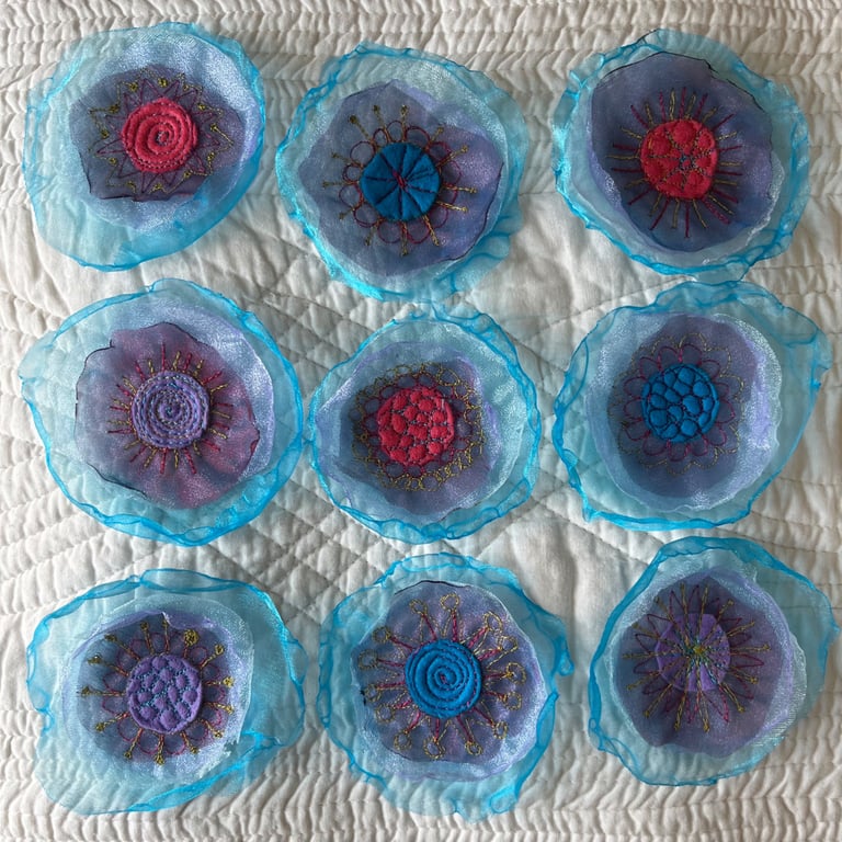 Nine Organza Embroidered Flower Embellishments 