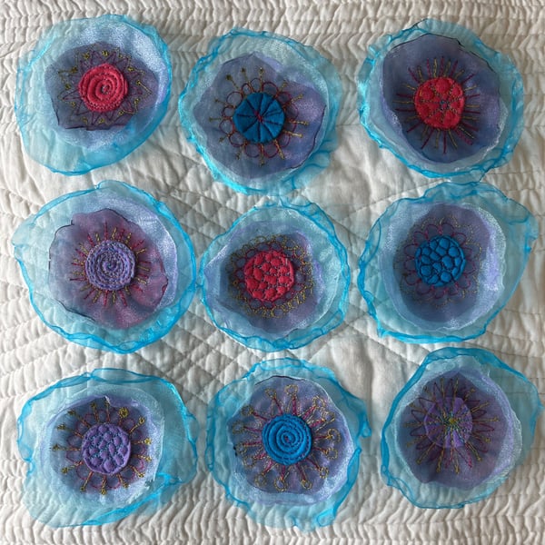 Nine Organza Embroidered Flower Embellishments 