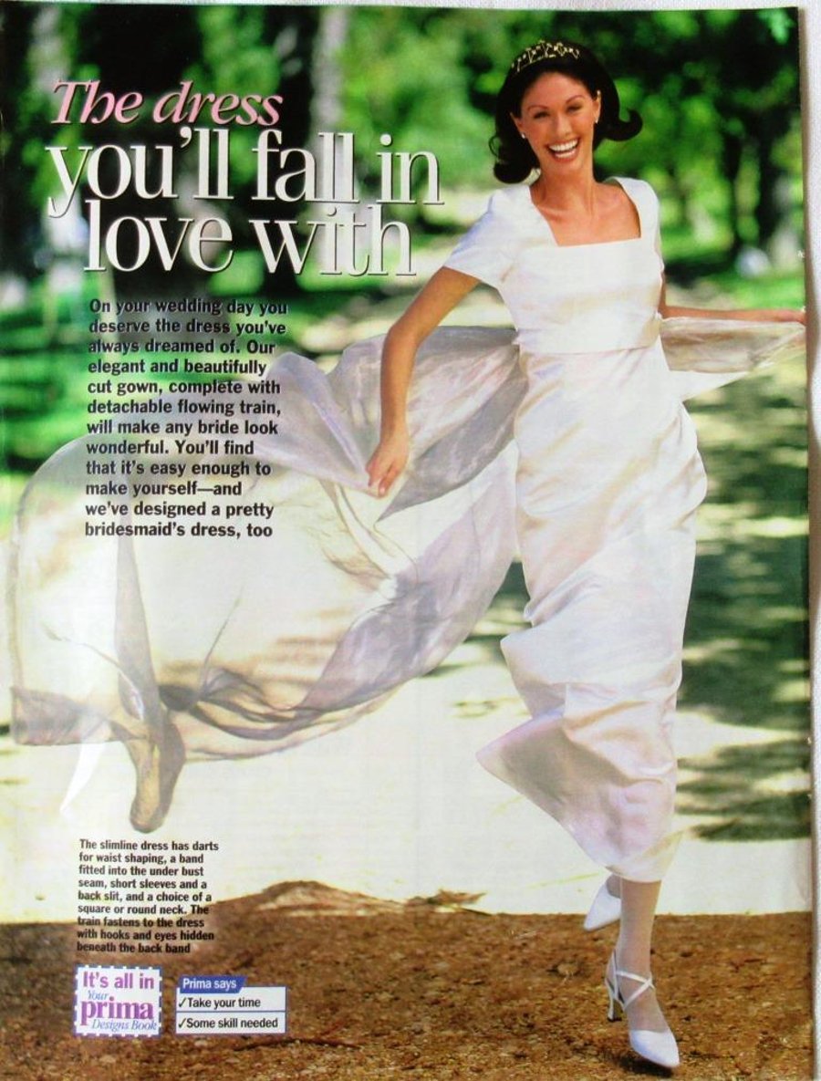 A multi-size sewing pattern for a wedding dress and child's bridesmaid's dress