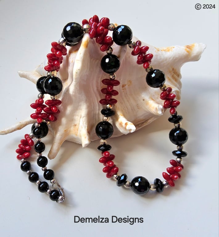 Designer Eco Red Coral & Faceted Black Onyz Sterling Silver Necklace