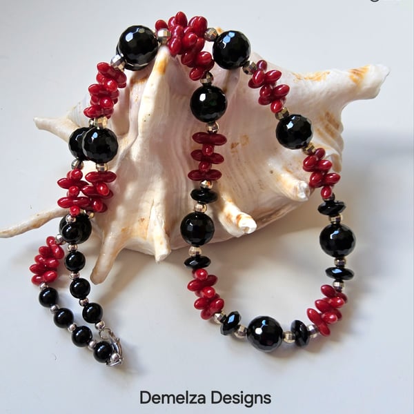 Eco Red Coral & Faceted Black Onyz Sterling Silver Necklace