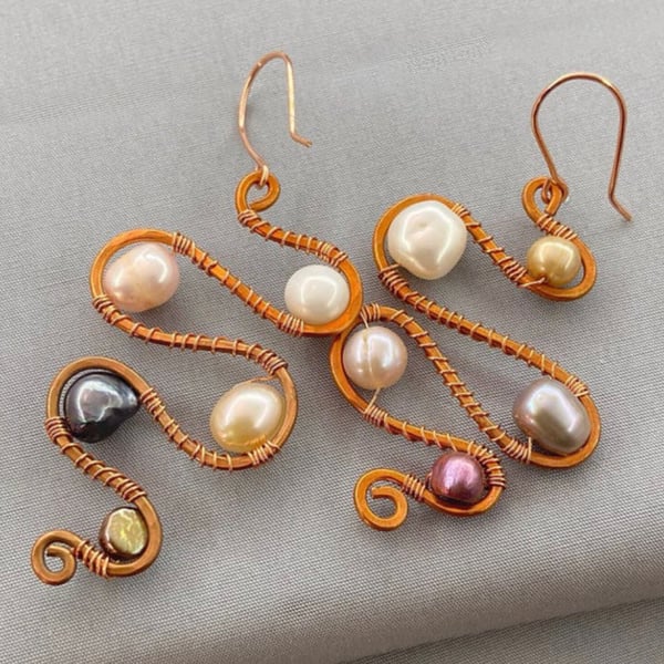 Multicoloured Cultured Pearl Copper Abstract Squiggle Dangle Earrings 