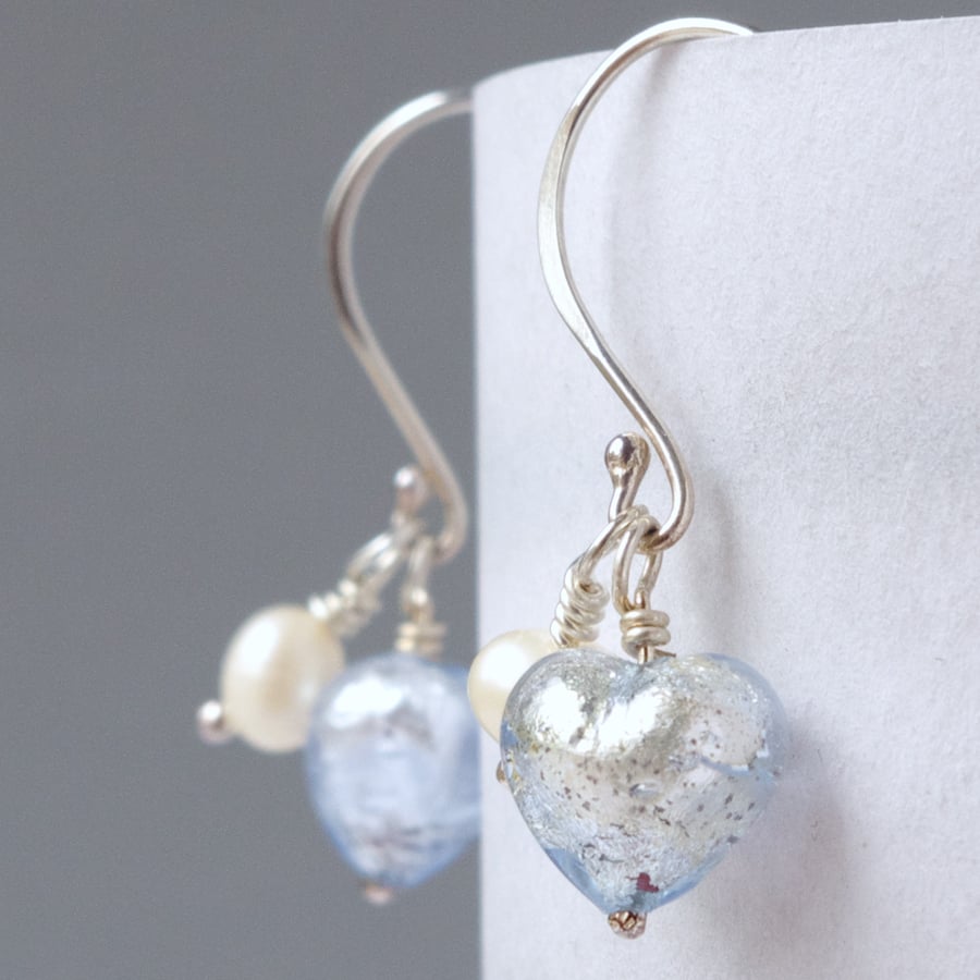 Bridesmaids' Gift Ice Blue Murano Heart and Freshwater Pearl Earrings