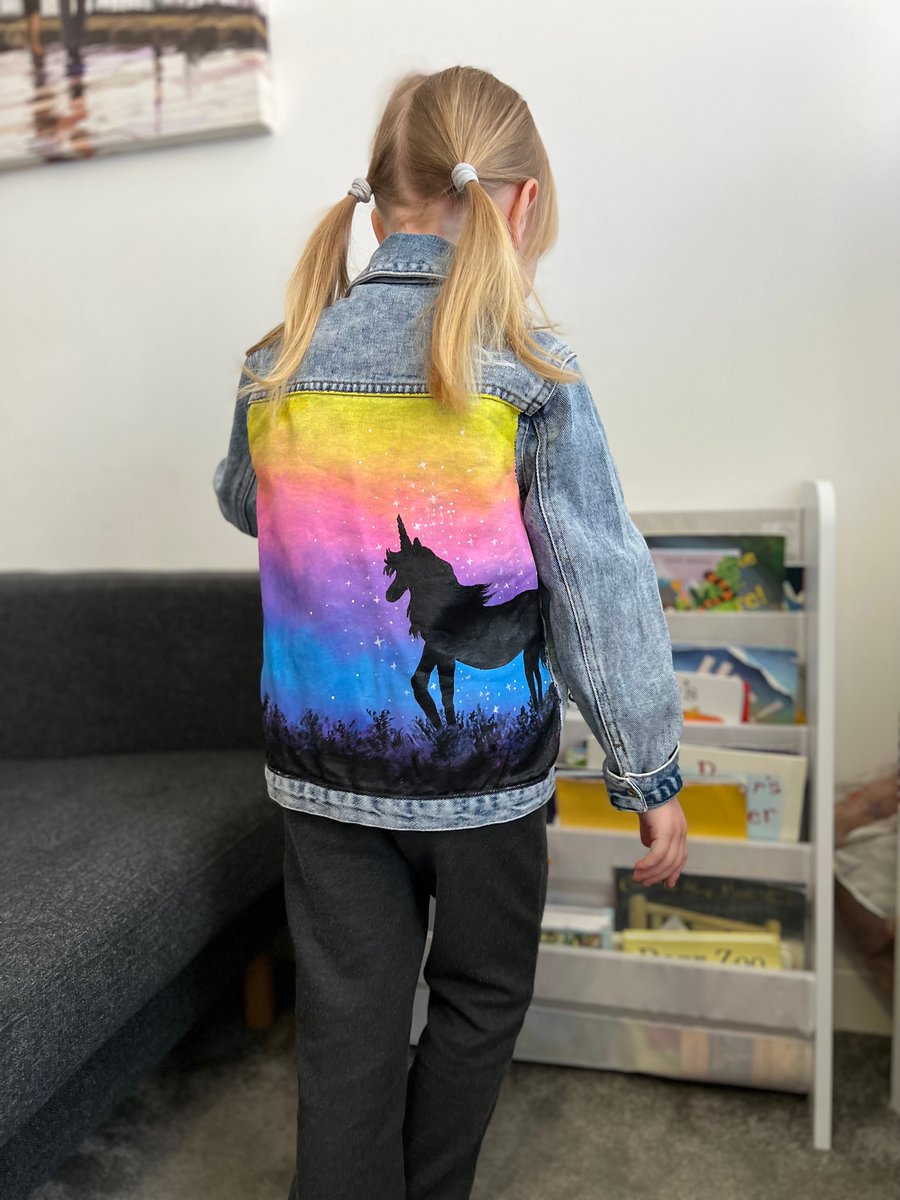 Custom hand-painted childrens denim jacket, Rainbow Unicorn