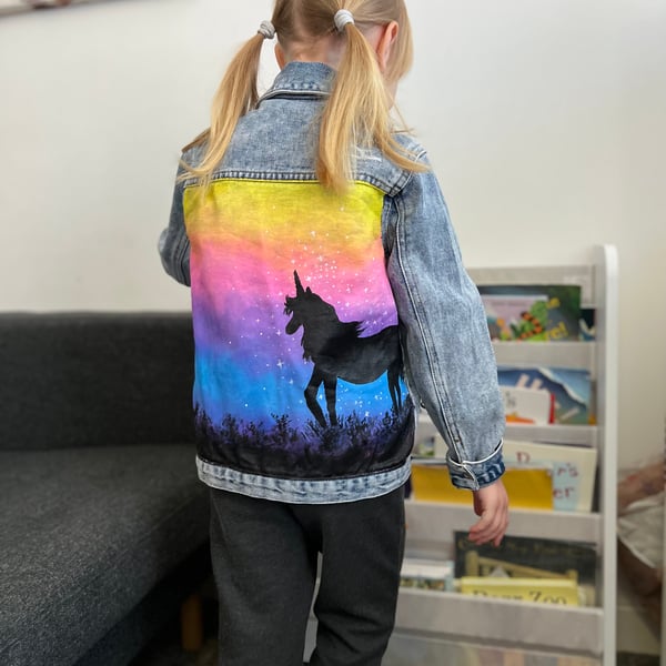Custom hand-painted childrens denim jacket, Rainbow Unicorn