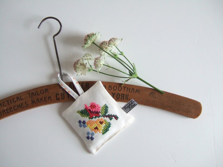 SOLD Lavender bag with folk art vintage embroidery and dried Yorkshire lavender.