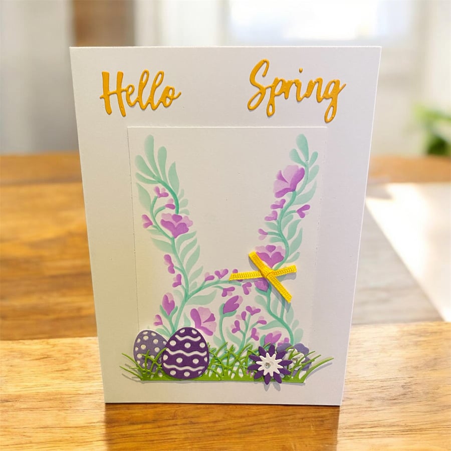 Handmade “Hello Spring” Greeting Card – Stencilled Bunny, Florals & Easter Detai