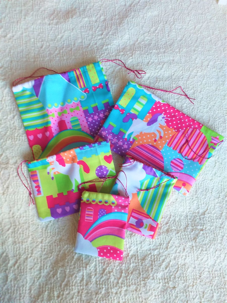 Pack of 5 Fantasy Drawstring Gift Bags, handmade
