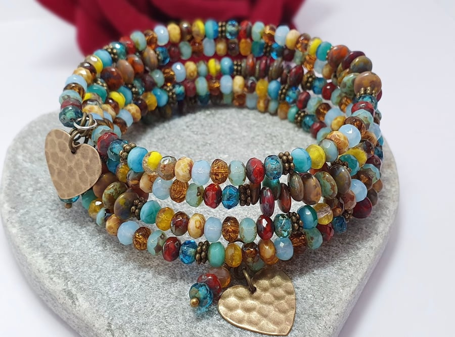 Colourful beaded memory wire wrap bracelet with heart charms