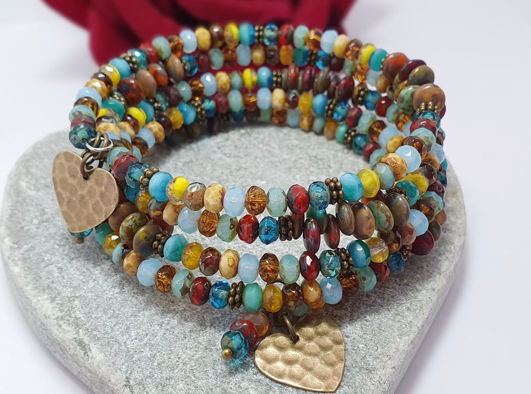 Colourful beaded memory wire wrap bracelet with heart charms