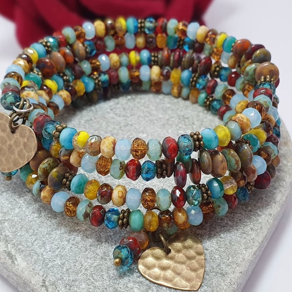 Colourful beaded memory wire wrap bracelet with heart charms