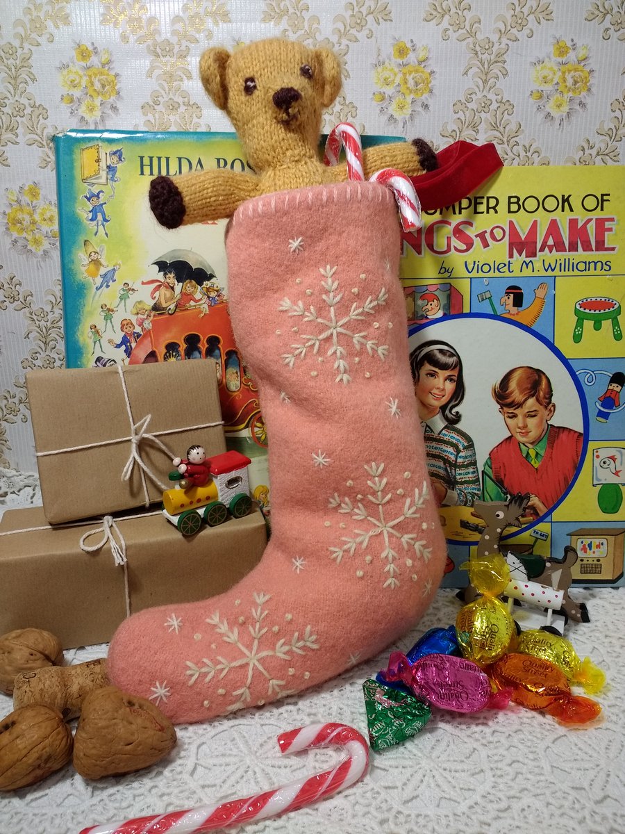 Wee sized vintage pink wool Christmas stocking