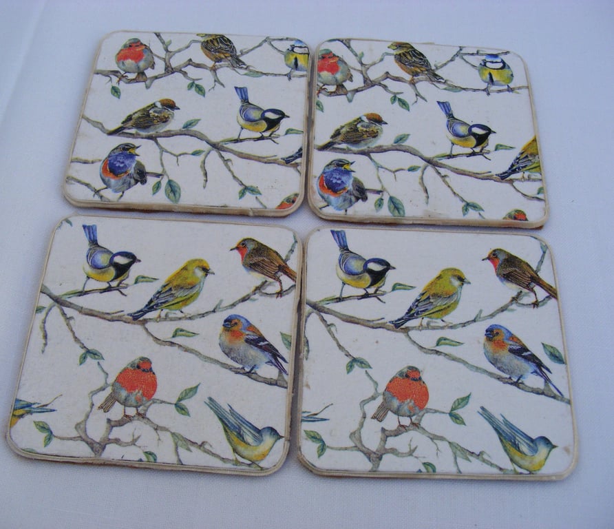 Set of 4 British birds decoupaged coasters.