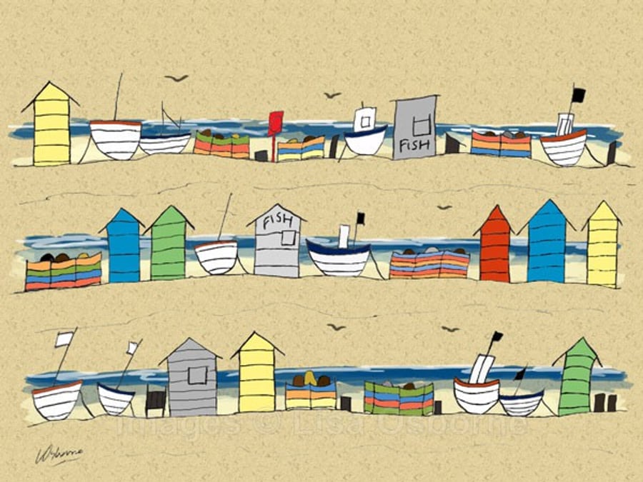 Beach Huts and Boats - print of digital illustration