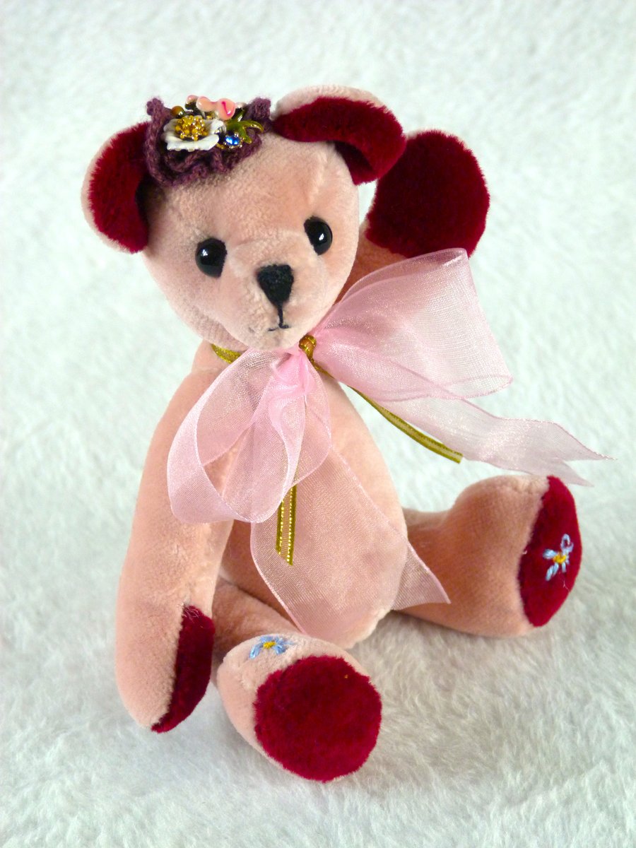 Orchid, a 6" collectable bear handmade from vintage materials