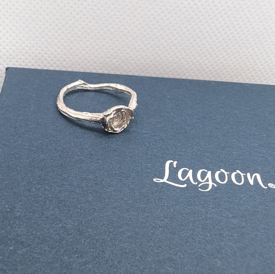 Delicate ring with twig shape shank and tiny rose, sterling silver Size M