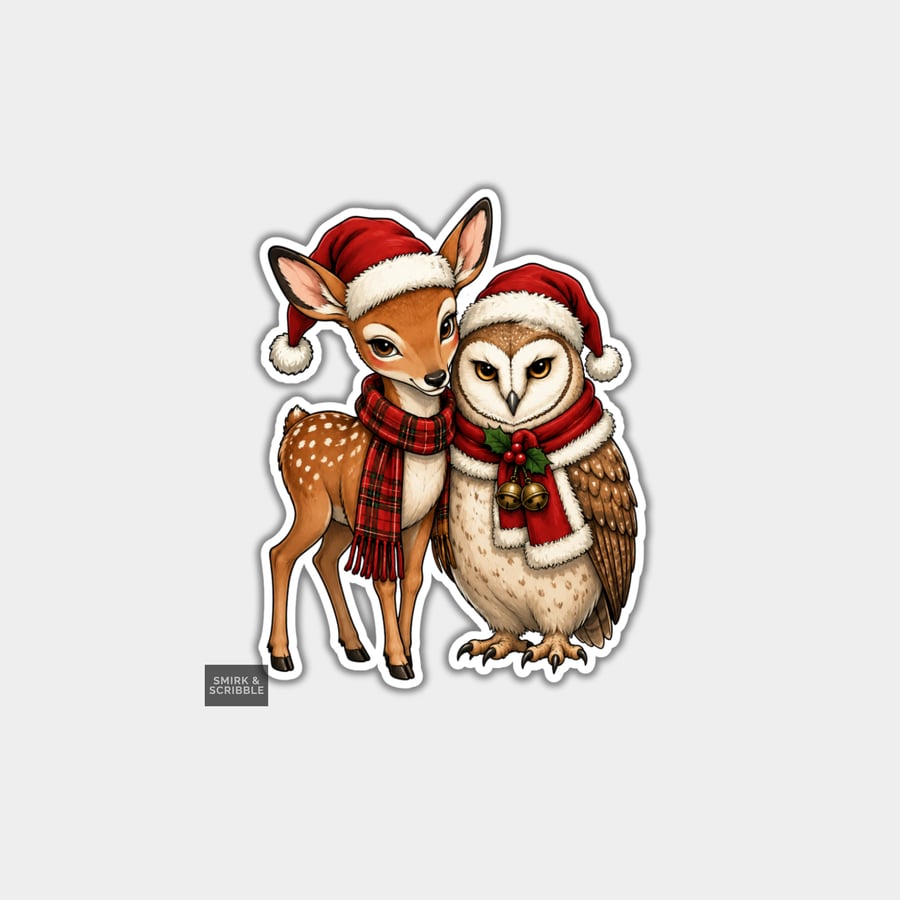 Image of Unique Funny Christmas Sticker Xmas Decal For Adults - Owl & Deer