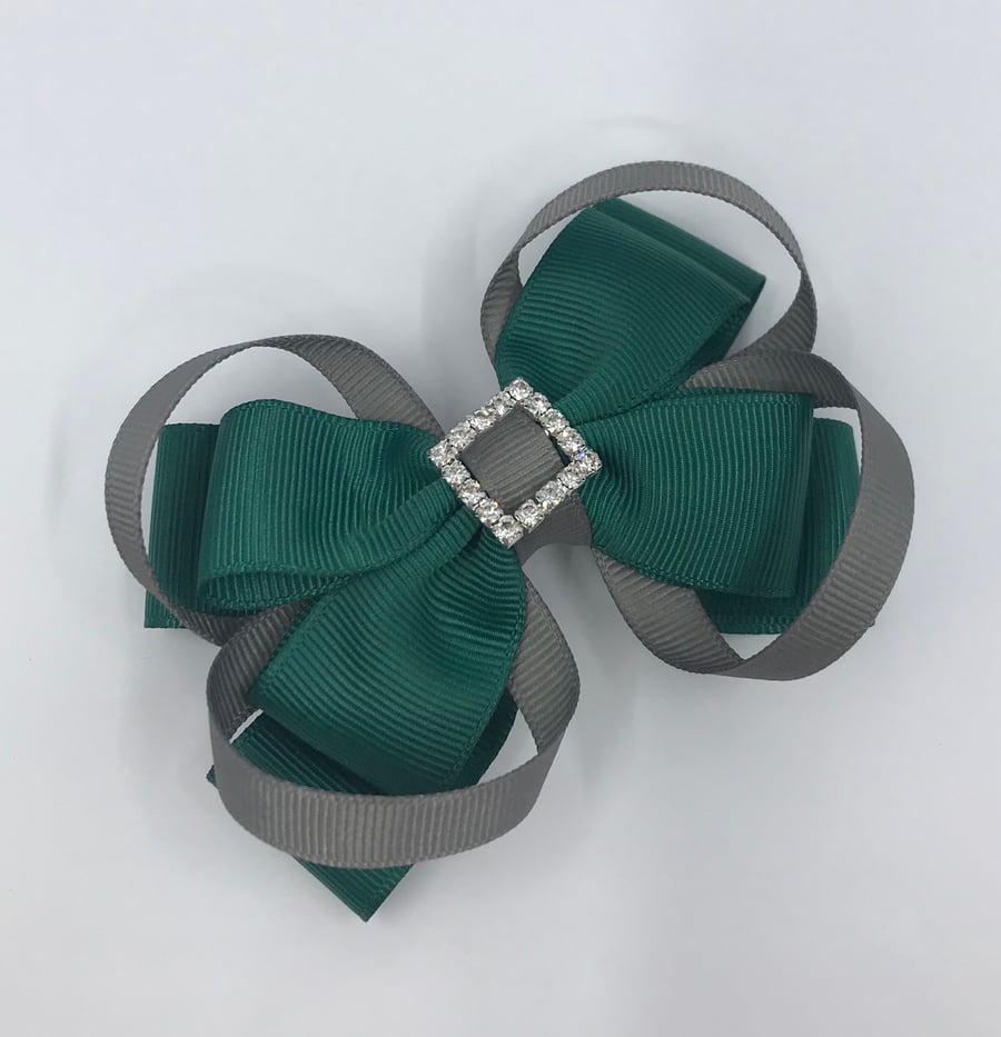 School Hunter Green Double Layer Bow with Grey Loops on Clip