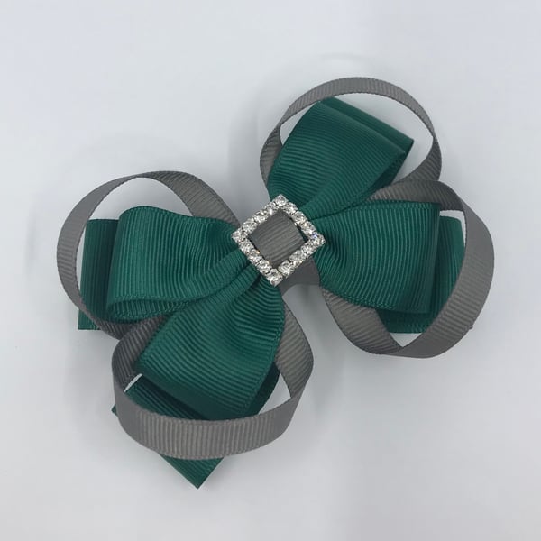School Hunter Green Double Layer Bow with Grey Loops on Clip